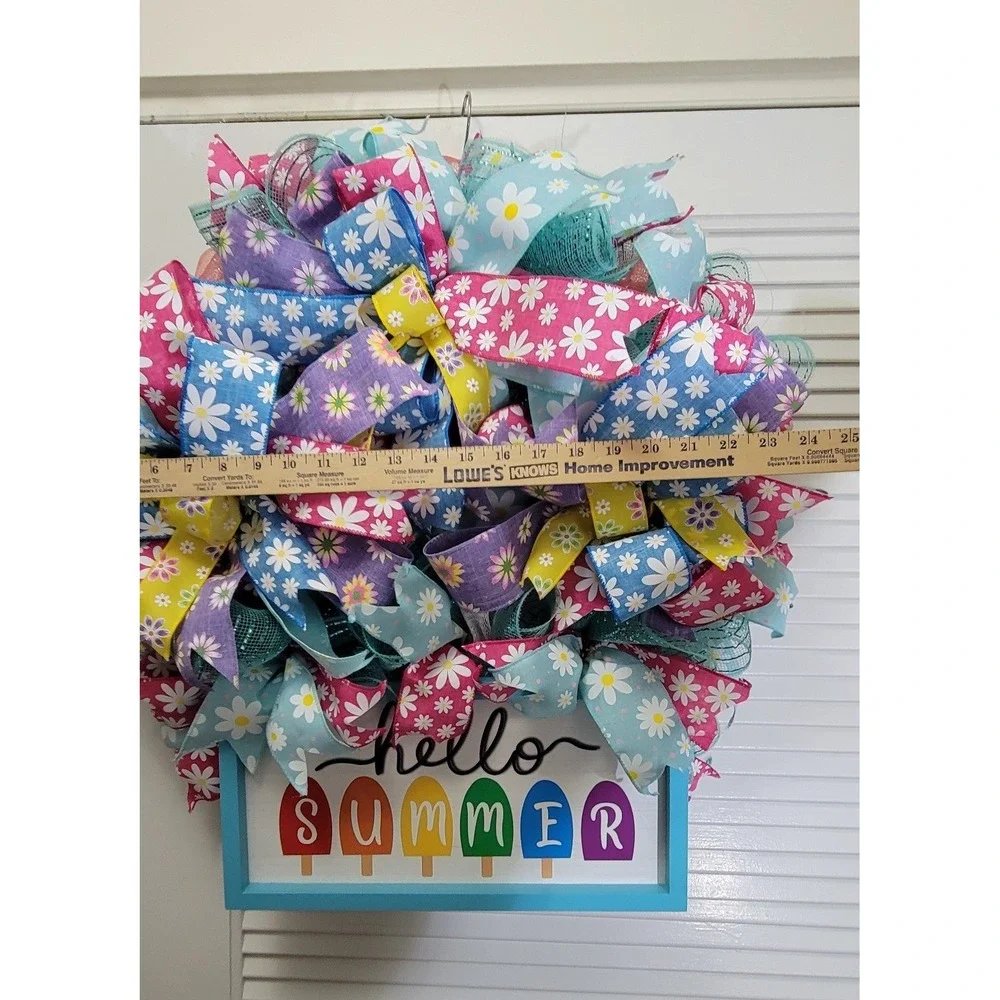 Hello Summer Popsicle Daisy Wreath Deco Mesh Ribbon Front Door Decor 24 Inch